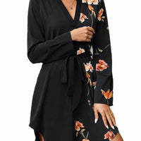 Fashionable V-Neck Floral Print Long-Sleeve Lace-Up Dress
