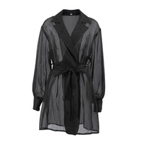 Black Mesh Cardigan-laced Nightgown Sexy And Sheer
