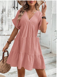 Vacation Style Big Ruffle V-Neck Solid Color Loose Short Skirt