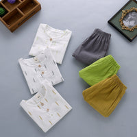 Children's Casual Printed Cotton Linen Short Sleeved Pants Set