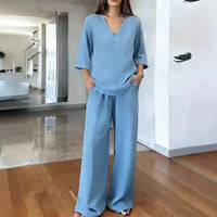 Women's V-neck Short-Sleeve Top And Wide-Leg Pants Casual Set