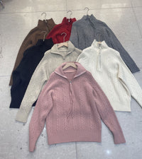 Lapel Half Zipper Cable-knit Pullover Sweater For Women