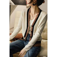 Color-block V Neck Cardigan Knitted Women's Long-sleeved Sweater Outer Tops