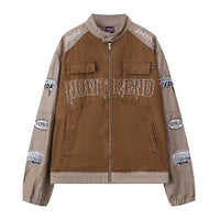 Men's Stitching Embroidered Letters Washed And Worn Zipper Denim Coat Fashion