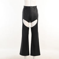 Hollow Pu Leather Pants Women's Loose Straight Black Trousers