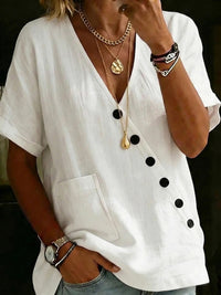 V-neck Solid-color Casual Cotton-linen Top With Buttons For Women
