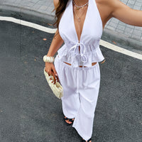 Womens Halterneck Backless Wide-Leg Jumpsuit With Ties