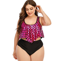 Fish Scale Print Loose Lotus Leaf Large Size Split High Waist Swimsuit Women