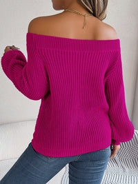 Casual Solid Color Hollow Out Off-Shoulder Lantern Sleeve Sweater