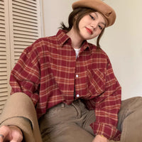 Polo Collar Brushed Shirt Women's Plaid Coat Top