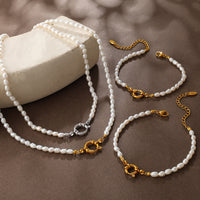 Retro Gentle And Elegant Freshwater Pearl Bracelet And Necklace Set With Stainless Steel Metal Clasps For Commuting Collar Chain