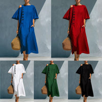 Solid-color Linen Crew-neck Short-sleeve Casual Dress For Women