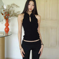 Stand Collar Retro Buckle Black Knitted Vest Women's Short Sleeveless Top