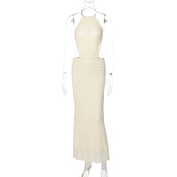 Metal Ring Halter Neck Sexy Backless Tie-waist Long Dress