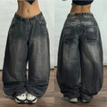 Washed Printed Loose Straight Wide-leg Jeans