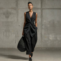 Waist-cinching Tie-front V-neck Sleeveless Top Wide-leg Pantsuit