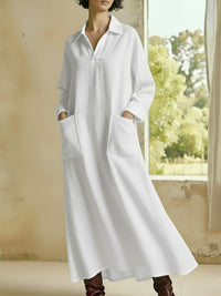 Loose-fitting Casual Polo-neck Pocketed Long-sleeve Dress