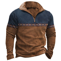 Retro Patchwork Polo Shirt Zipper Sweater Daily Outdoor Casual Top