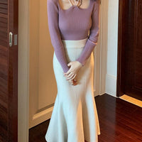 Womens Solid-Colored French-Style Retro High-Waist Knitted Fishtail Skirt