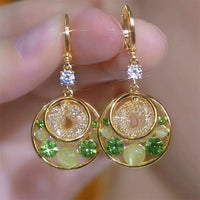 Light Luxury Champagne Cat's Eye Hollow Mesh Circle Drop Earrings, Elegant Zircon Ear Cuffs, Niche Design
