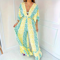 Women's V-neck Leopard Print Wide Leg Jumpsuit