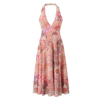 Resort-style Backless Printed V-Neck Halter Dress