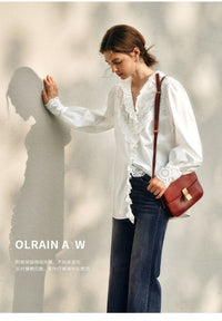 French-style White Lace Long-sleeve Shirt For Women