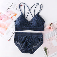 Fashion cross straps gather bra lace underwear set