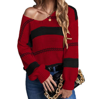 V-collar Contrast Color Striped Knitted Pullover Sweater