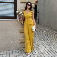 Women's V Neck Solid Color Sleeveless Jacket Set