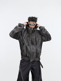 Retro Distressed Hooded Sweater Metal Zipper Design Jacket For Men