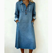 Solid-color Lapel Long-sleeve Dress For Women