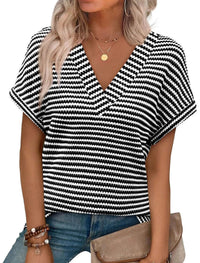 Summer V Neck Striped Loose Short Sleeve