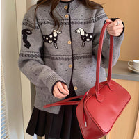 Christmas Puppy Jacquard Round Neck Sweater Cardigan Coat Loose All-matching Sweater