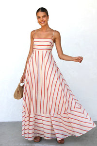 New Striped Printed High-Waisted Flared Resort Sundress With Straps
