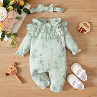 Girls' Small Floral Lotus Collar Long-sleeved Jumpsuit Plus Headscarf