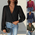 All-matching Solid Color And V-neck Pleated Lace See-through Long-sleeved Jumpsuit