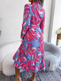Women's Floral Print Lapel Tie Waist Shirt Maxi Dress