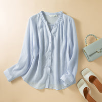 Womens Long Sleeve V Neck Loose Fit Button Up Shirt