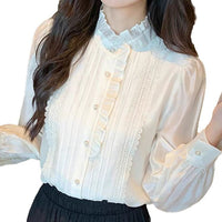 Womens Sophisticated Ruffle-Trim Long-Sleeve Stand-Collar Shirt