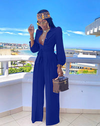 Fashion Solid Color Casual Shirt Collar Jumpsuit With Belt