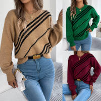 Women's Casual Striped Round Neck Lantern Long Sleeve Pullover Sweater