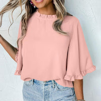 French-style Relaxed Ruffle-sleeve Solid-color Three-quarter-length Sleeve Chiffon Womens Top