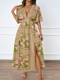 Sexy V-Neck Short-Sleeve Printed Waist-Cinching Dress
