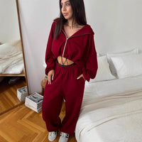 Womens Casual Set Long-sleeve Zip-up Cardigan Hoodie
