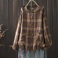 New Korean-style Oversized Artistic Retro Casual Plaid Cotton-linen Double-layer Shirt With A Hood
