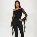 Strap And Ribbon Long-sleeve Long Jumpsuit