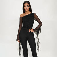 Strap And Ribbon Long-sleeve Long Jumpsuit