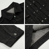 American Retro Airplane Buckle Pleated Gem Button Design Denim Jacket