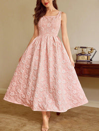 Womens Boat-Neck Jacquard Sleeveless Elegant Waist-Cinching Maxi Dress